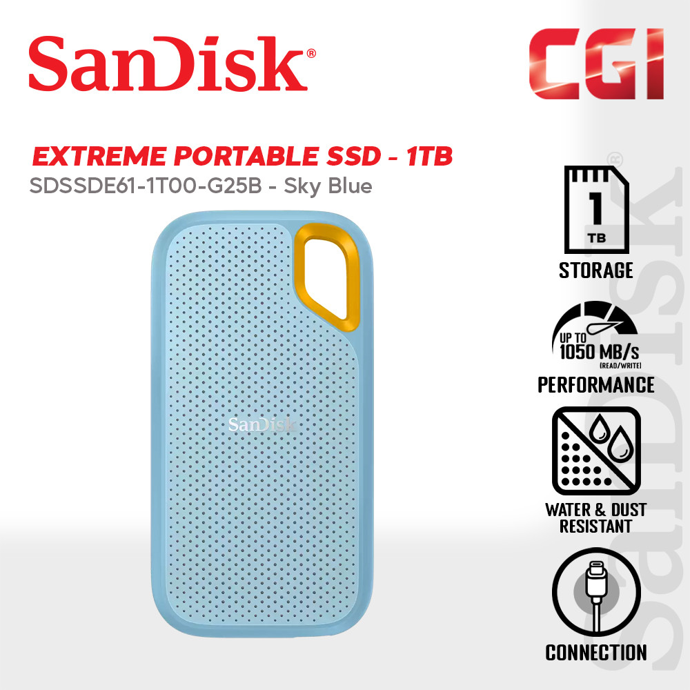 Sandisk 1TB 1050MB/s USB 3.2 Portable Extreme SSD - Sky Blue (SDSSDE61-1T00-G25B)