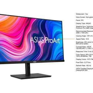 Asus 32" Proart PA328CGV IPS WQHD Freesync Premium 165Hz 600nits HDR 95% DCI-P3 100% sRGB/Rec.709 ?E < 2 USB-C C-Clamp Ergonomic Monitor