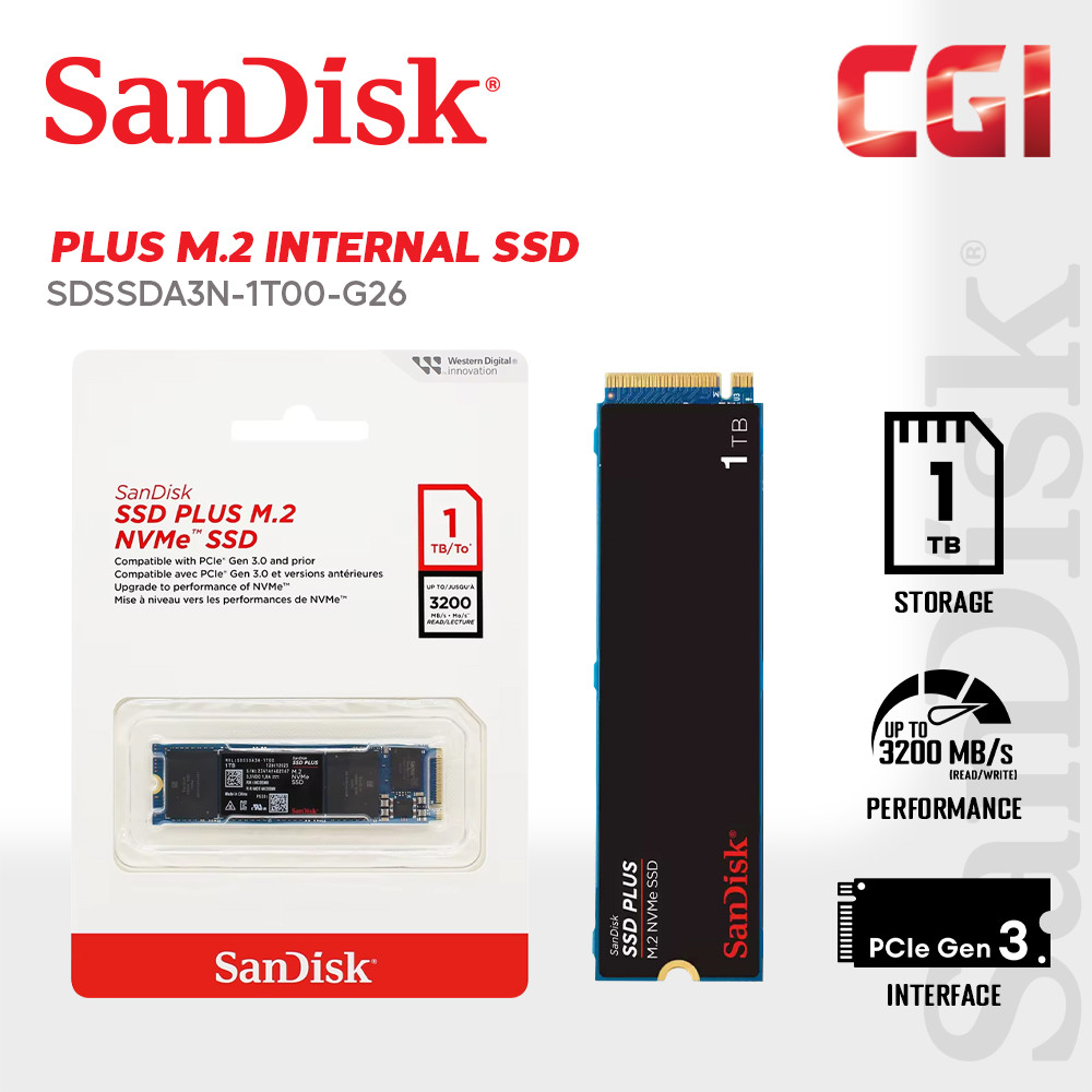 Sandisk Plus 1TB M.2.NVMe PCIe Gen 3.0 Internal SSD - SDSSDA3N-1T00-G26