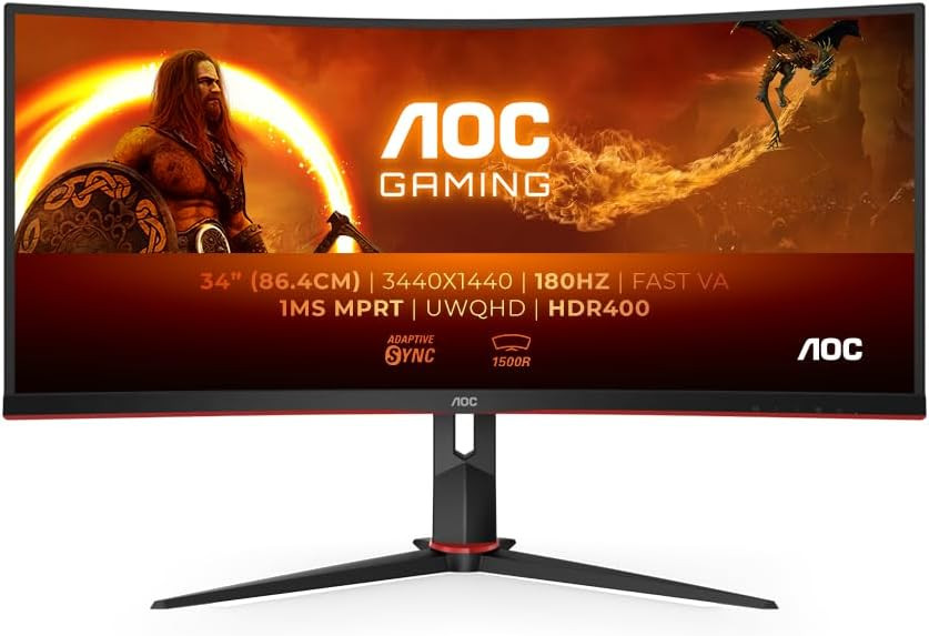 AOC 34" CU34G2XP VA WQHD HDR400 Adaptive Sync 180Hz 1ms Ergonomic Curved Ultrawide Gaming Monitor