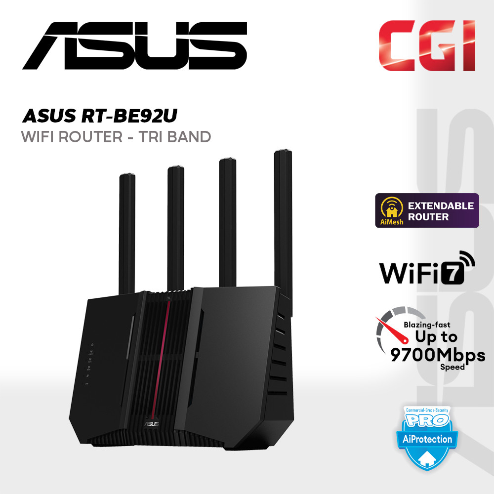 Asus RT-BE92U Tri-Band 9700 Mbps 6GHz WiFi 7 Ai-Boosted AiMesh MLO Parental Control Extendable Router