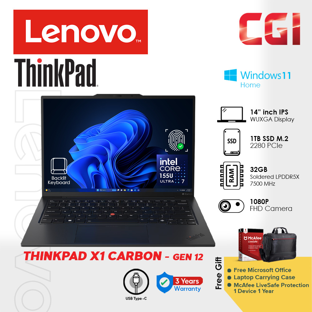 Lenovo 14" Thinkpad X1 Carbon Gen 12 ULT 7-155U 32GB LPDDR5X 1TB WUXGA IPS Win11Home 3Y Premier Support Plus With Office Laptop