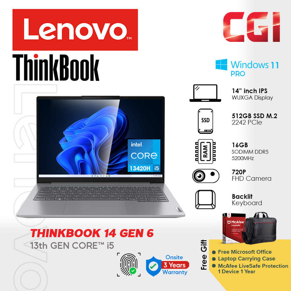 Lenovo 14" Thinkbook 14 Gen 6 i5-13420H 16GB DDR5 512GB WUXGA IPS Win11Pro with Office 3Y Onsite Laptop