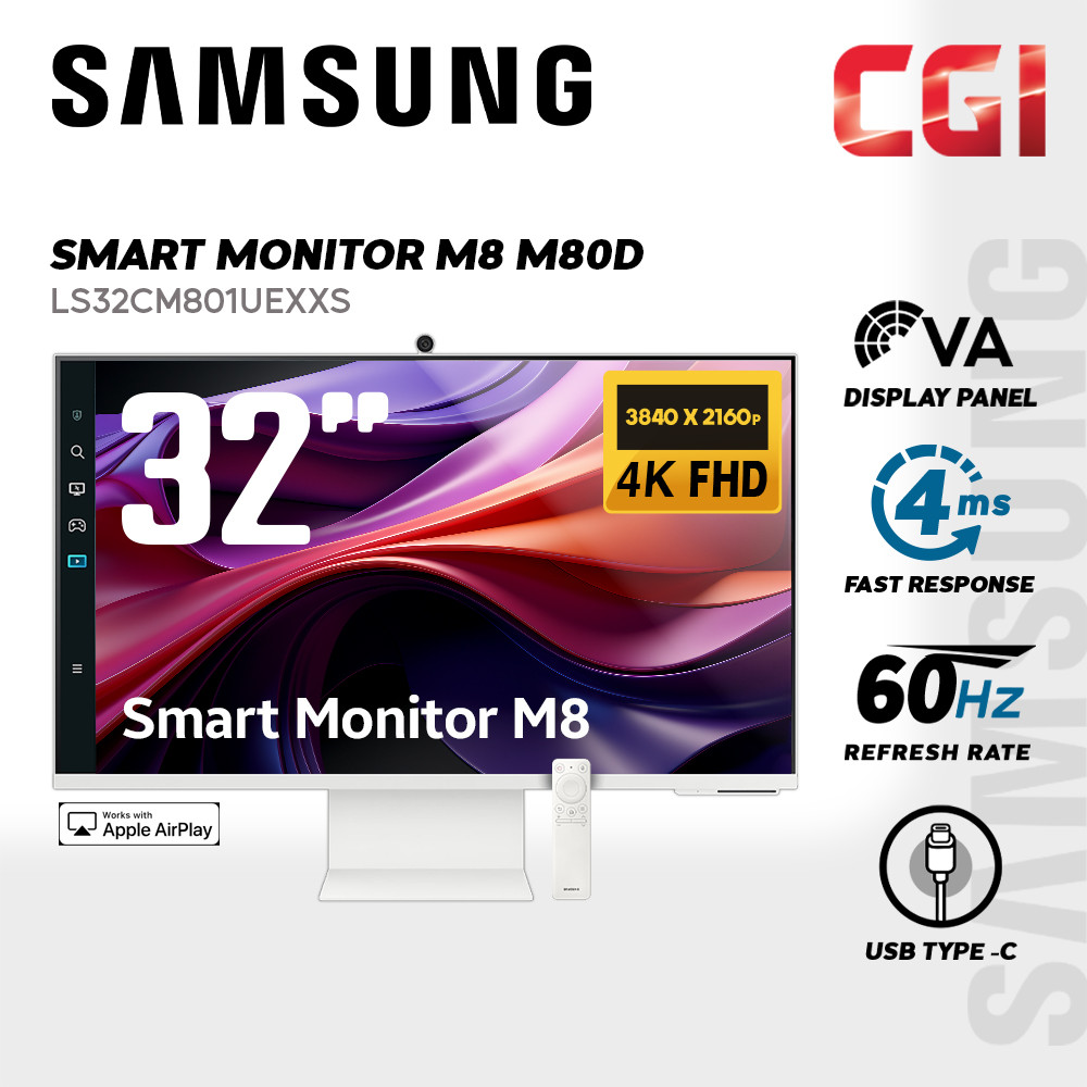 Samsung 32'' M80C White LS32CM801UEXXS VA 4K HDR10+ 60Hz 4ms Tizen? OS Slim Fit Camera USB-C Ergonomic Iconic Slim Smart Monitor