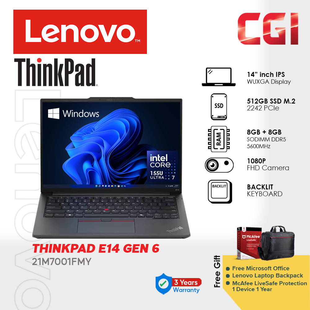 Lenovo 14" Thinkpad E14 Gen 6 ULT7-155U 16GB DDR5 512GB W11P WUXGA IPS With Office 3Y Onsite - 21M7001FMY
