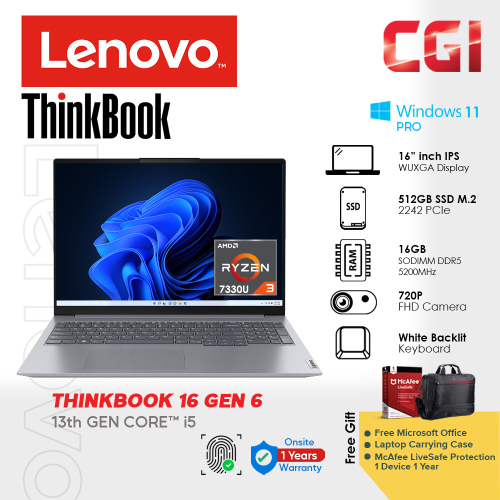 Lenovo 16" Thinkbook 16 Gen 6 i5-13420H 16GB DDR5 512GB WUXGA IPS Windows 11 Trial 3Y Onsite Laptop