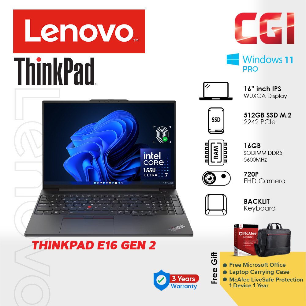 Lenovo 16" Thinkpad E16 Gen 2 ULT7 155U 16GB DDR5 512GB Win11Pro WUXGA IPS with Office 3Y Onsite