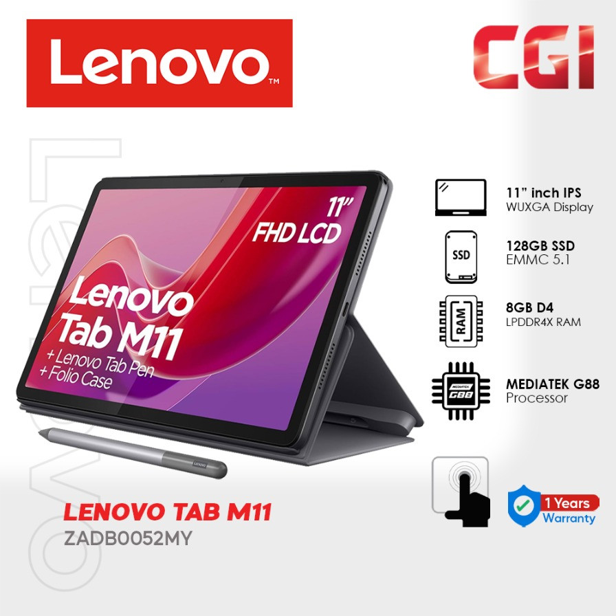 Lenovo 11" ZADB0052MY Tab M11 Multi-Touch 128GB Tablet with Folio Case and Pen