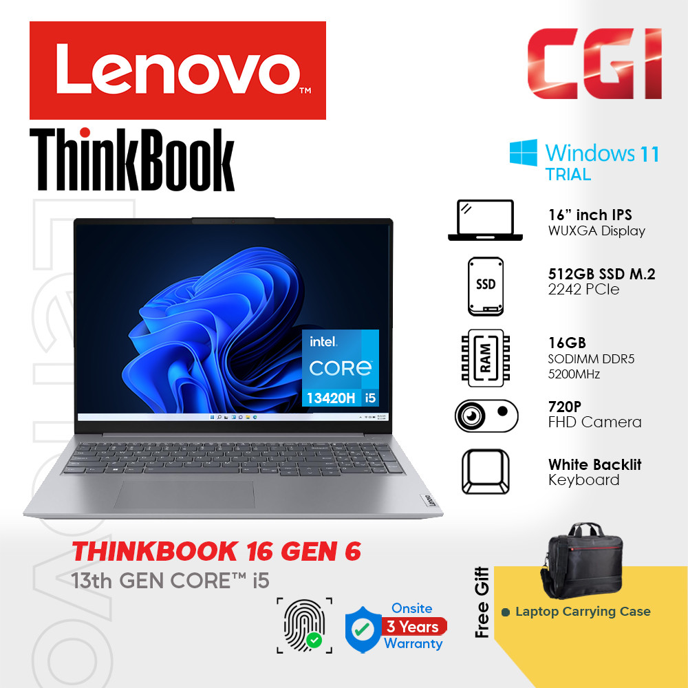 Lenovo 16" Thinkbook 16 Gen 6 i5-13420H 16GB DDR5 512GB WUXGA IPS Win11Pro With Office 3Y Onsite Laptop