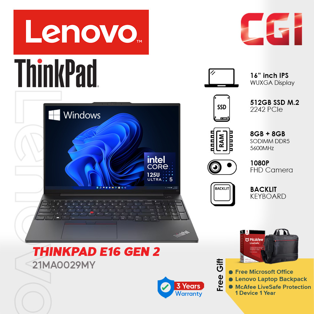 Lenovo 16"Thinkpad E16 Gen 2 ULT5-125U 16GB DDR5 512GB W11P WUXGA IPS With Office 3Y Onsite - 21MA0029MY