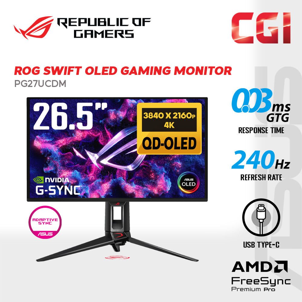 Asus 27" ROG Swift PG27UCDM 4K-QD OLED Freesync GSync 240Hz 0.03ms ?E< 2 USB-C Aura Sync Ergonomic Gaming Monitor