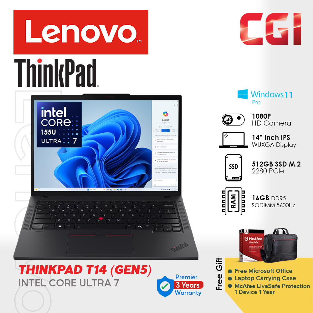 Lenovo 14" Thinkpad T14 Gen 5 Laptop  ULTRA 7 155U 16GB DDR5 512GB WUXGA IPS Win11Pro 3Y Premier Support with Office