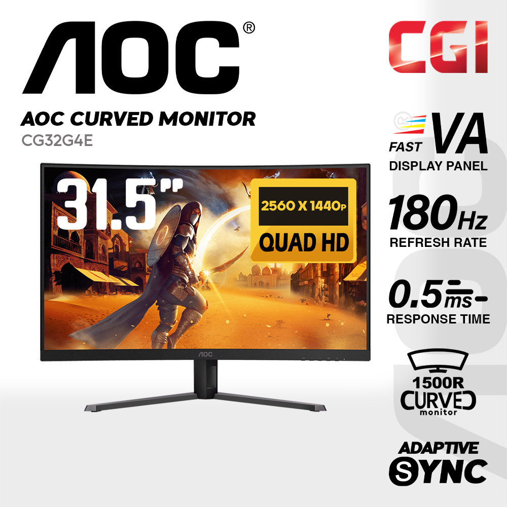AOC 31.5" CQ32G4E Fast VA QHD HDR10 Adaptive Sync 180Hz 0.5ms Delta E<2 Frameless Curved Gaming Monitor