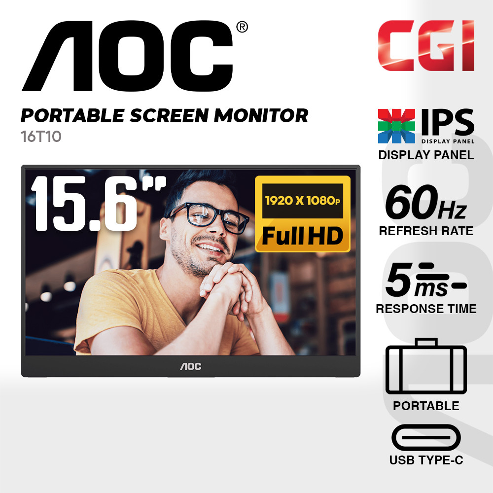 AOC 15.6" 16T10 IPS FHD 5ms Build-In-Speaker Portable Monitor with Foldable Smart Cover