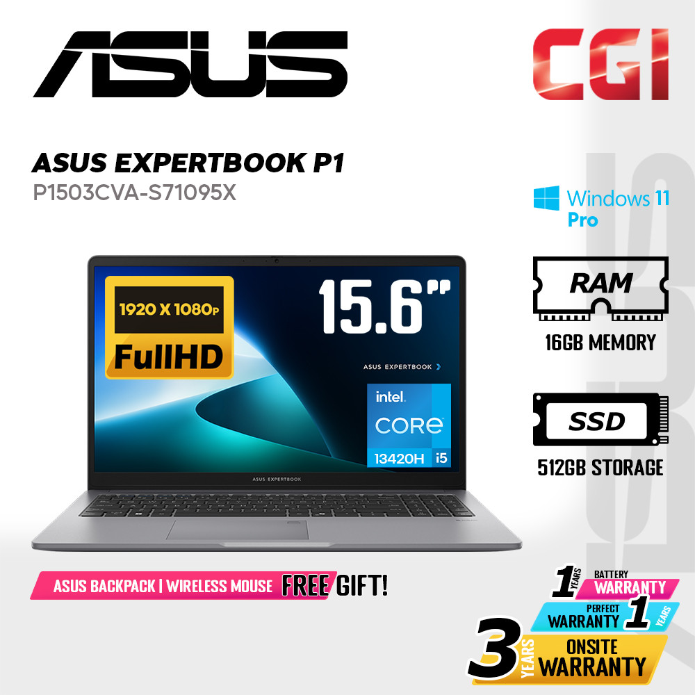 Asus 15.6" ExpertBook P1 P1503 Laptop Intel i5-13420H 16GB 512GB FHD Win11Pro 3Y Onsite - P1503CVA-S71095X