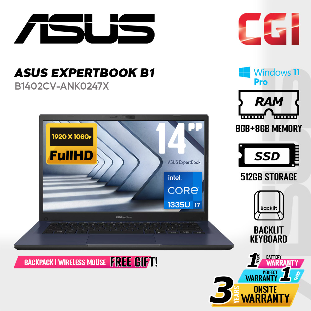 Asus 14" ExpertBook B1 B1402 Laptop Intel i7-1355U 8G+8G 512G FHD Win11Pro 3Y Onsite - B1402CV-ANK0247X