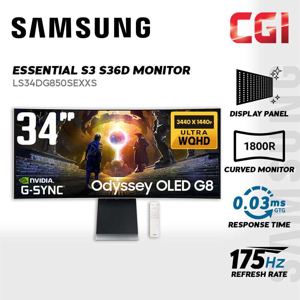 Samsung 34" LS34DG850SEXXS G8 G85SD Odyssey OLED Ultra WQHD HDR10+ Freesync G-Sync 175Hz 0.03ms Ergonomic Curved Smart Gaming Monitor