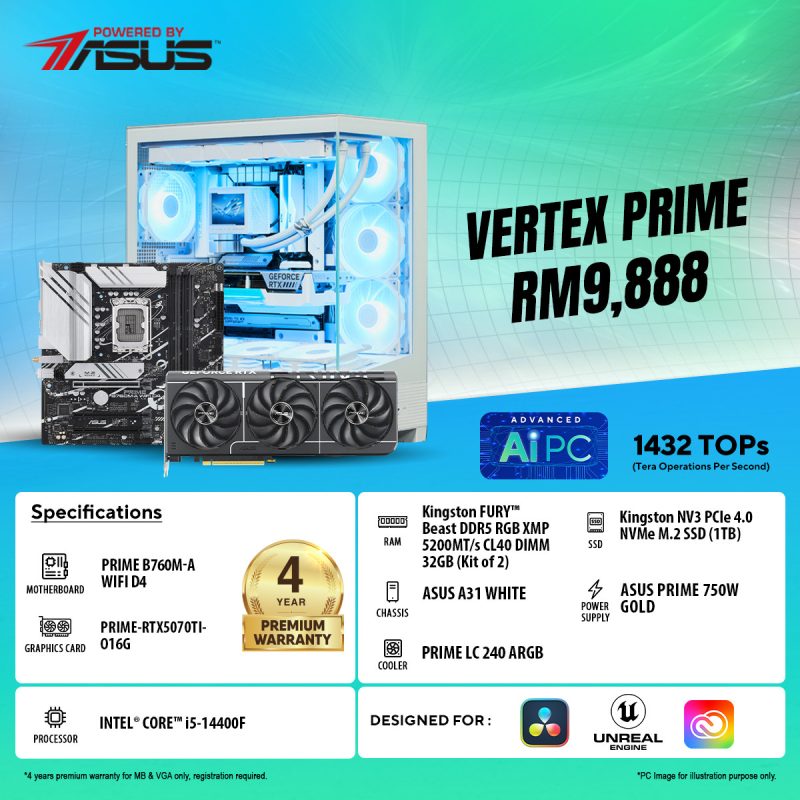[Pre-Order] Asus Vertex Prime Set by Intel i5-14400F with RTX5070TI O16G White Gaming Advanced Ai PC DIY (Powered By Asus)