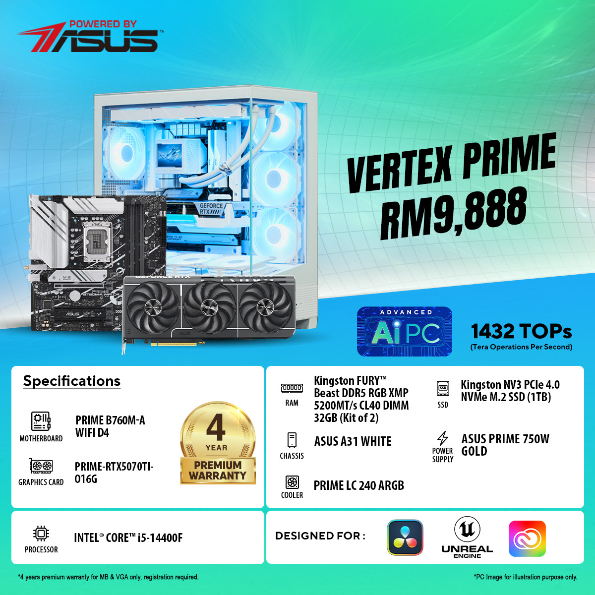 [Pre-Order] Asus Vertex Prime Set by Intel i5-14400F with RTX5070TI O16G White Gaming Advanced Ai PC DIY (Powered By Asus)