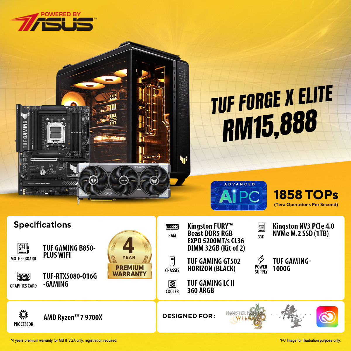 [Pre-Order] Asus TUF ForgeX Elite Set by AMD Ryzen 7 9700X with TUF RTX5080 016G Gaming GT502 Horizon Black Advanced Ai PC DIY (Powered By Asus)