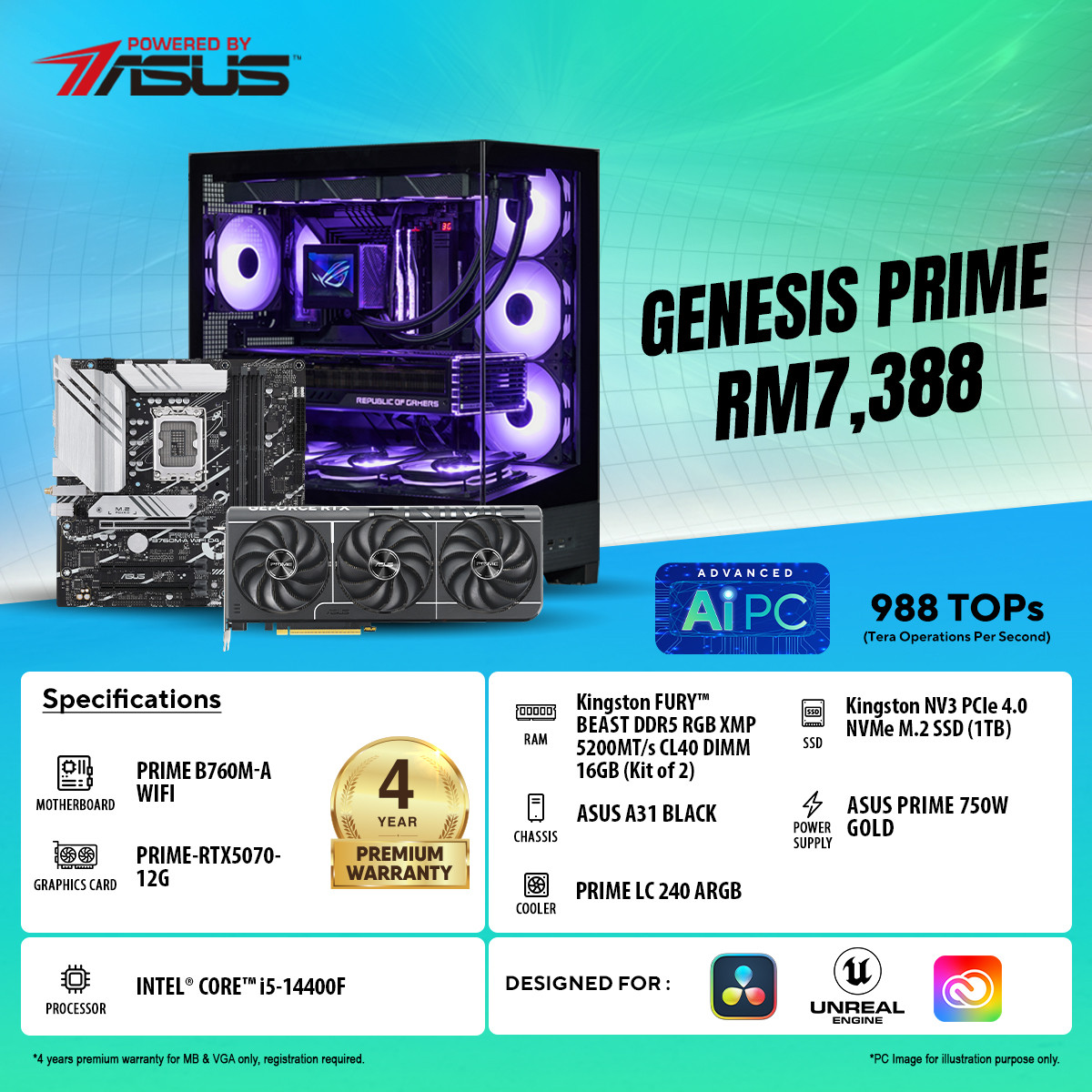 [Pre-Order] Asus Genesis Prime Set by Intel i5-14400F With RTX5070 12G A31 Black Advanced Ai PC Set (Powered by Asus)