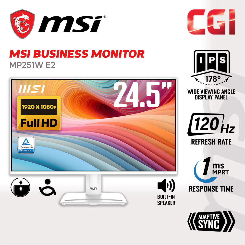 MSI 24.5" PRO MP251W E2 IPS FHD Adaptive Sync 120Hz 1ms HDR Ready Build In Speaker Sleek Home Office Monitor
