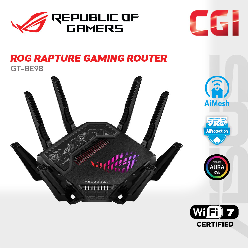Asus GT-BE98 ROG Rapture Quad-band WiFi 7 320MHz 6GHz 4096-QAM Dual 10G Quad 2.5G Aura RGB AiProtection Pro Aimesh Gaming Router