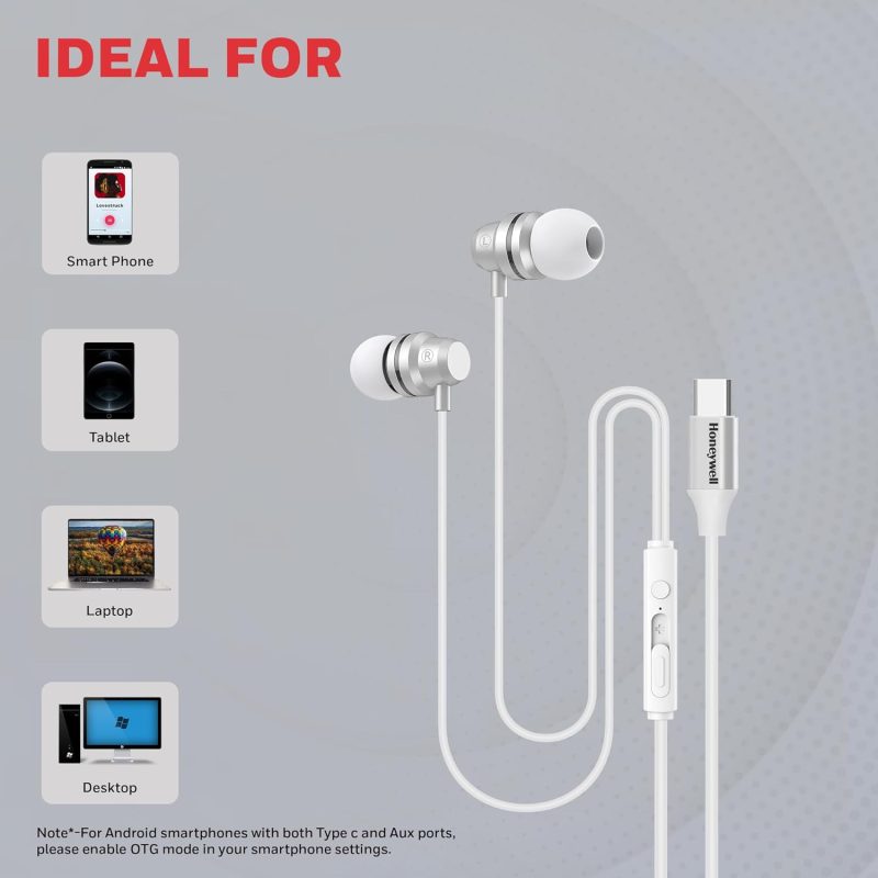 Honeywell Suono P60 Wired Earphones (White) - HC000406/AUD/WEP/WHT/TYPEC