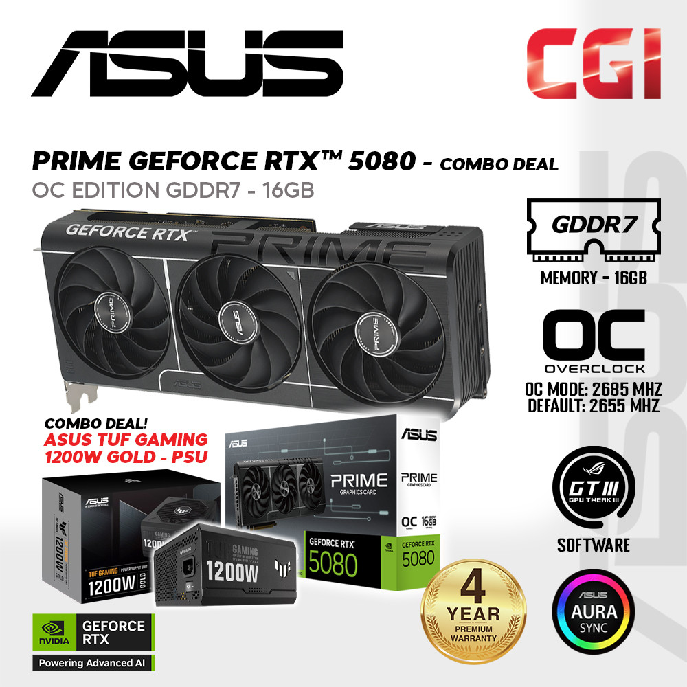 Asus Prime GeForce RTX5080 16GB GDDR7 OC Edition Bundle TUF Gaming 1200G PSU