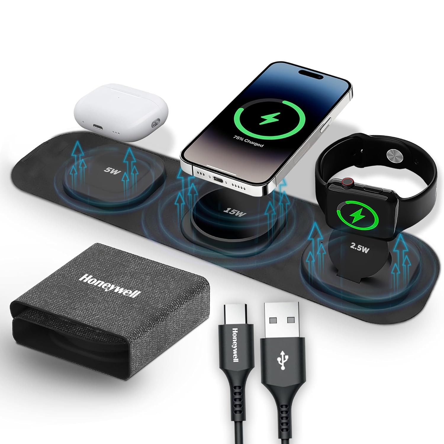 Honeywell Zest Wireless 3 in 1 Foldable Charger - HC000055/CHG/GRY/WRL/15W