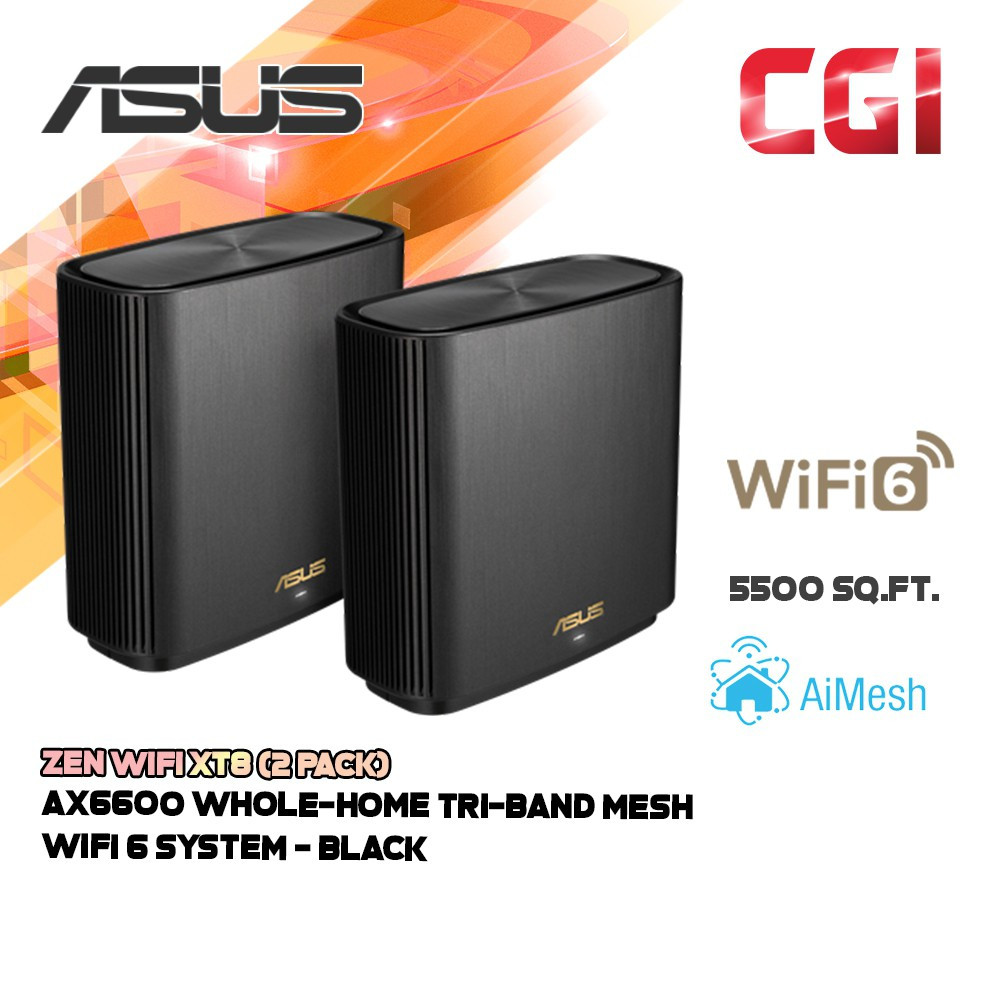 Asus ZenWiFi XT8 AX6600 WiFi 6 AiProtection Pro Alexa IFTTT Tri-Band Mesh WiFi System - Black (Pack of 2)