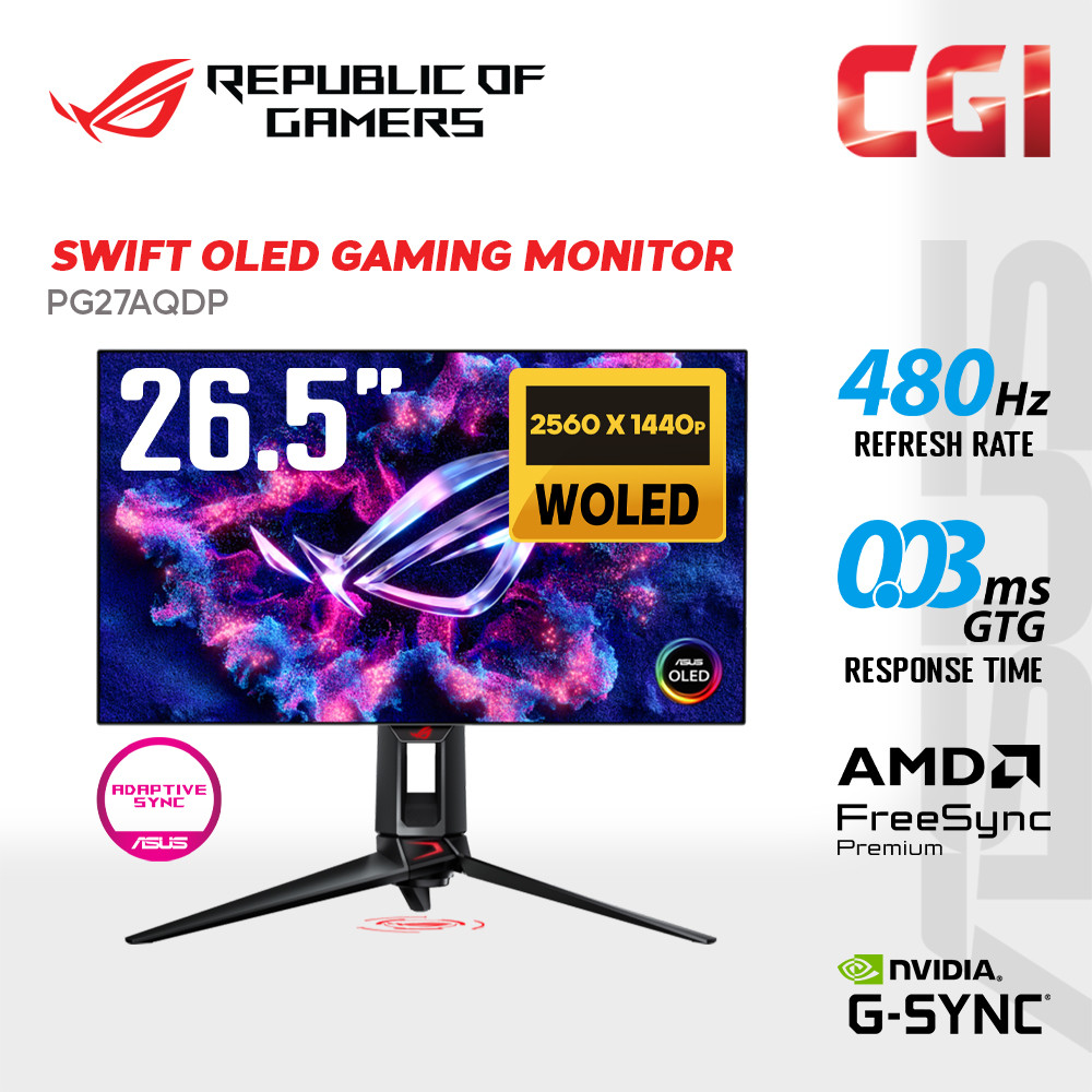 Asus 27" ROG Swift OLED PG27AQDP WOLED QHD HDR400 G-Sync Compatible 480Hz 0.03ms OLED Care+ Ai Assistant Gaming Monitor