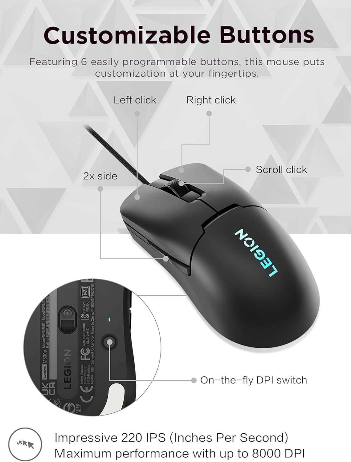 Lenovo Legion M300s 8000 DPi Ultralight Wired Gaming Mouse - GY51H47350