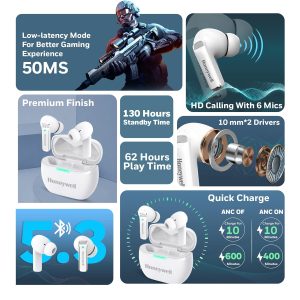 Honeywell Trueno U5100 Truly Wireless ANC Earbuds (White) - HC000315/AUD/TWS/ANC/WHT
