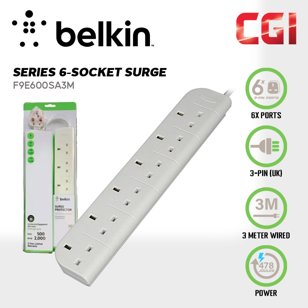 Belkin 476 Joule 6-Socket 3m Surge Protector Economy Series - F9E600SA3M
