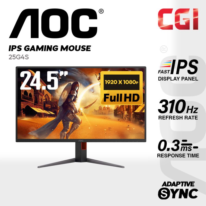 AOC 24.5" 25G4S Fast IPS HDR400 Adaptive Sync 310Hz 0.3ms Frameless Ergonomic Gaming Monitor
