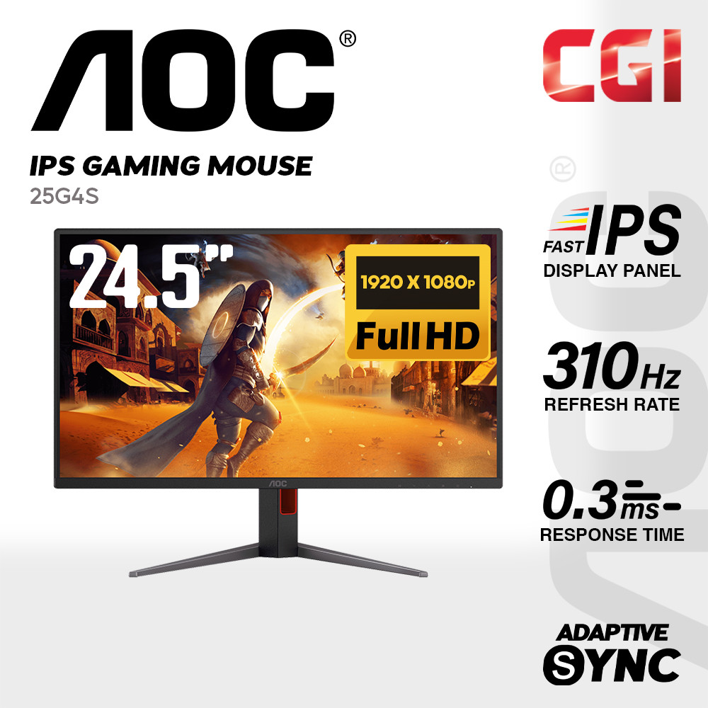 AOC 24.5" 25G4S Fast IPS HDR400 Adaptive Sync 310Hz 0.3ms Frameless Ergonomic Gaming Monitor