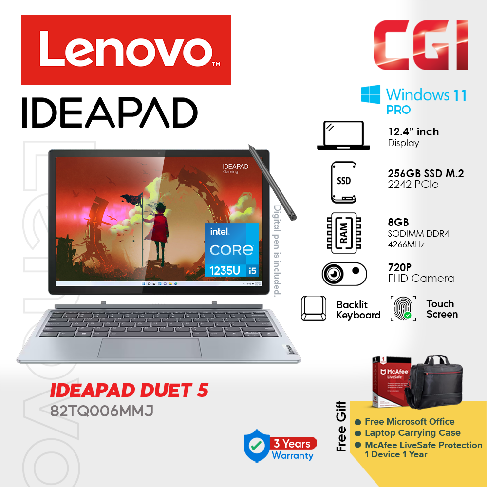 Lenovo 12.4" 82TQ006MMJ Ideapad Duet 5 12IAU i5-1235U 8GB 256GB 2.5K LTPS 500 Nits Win11Home 3Y Wrty Multi-Touch Keyboard Detachable Laptop
