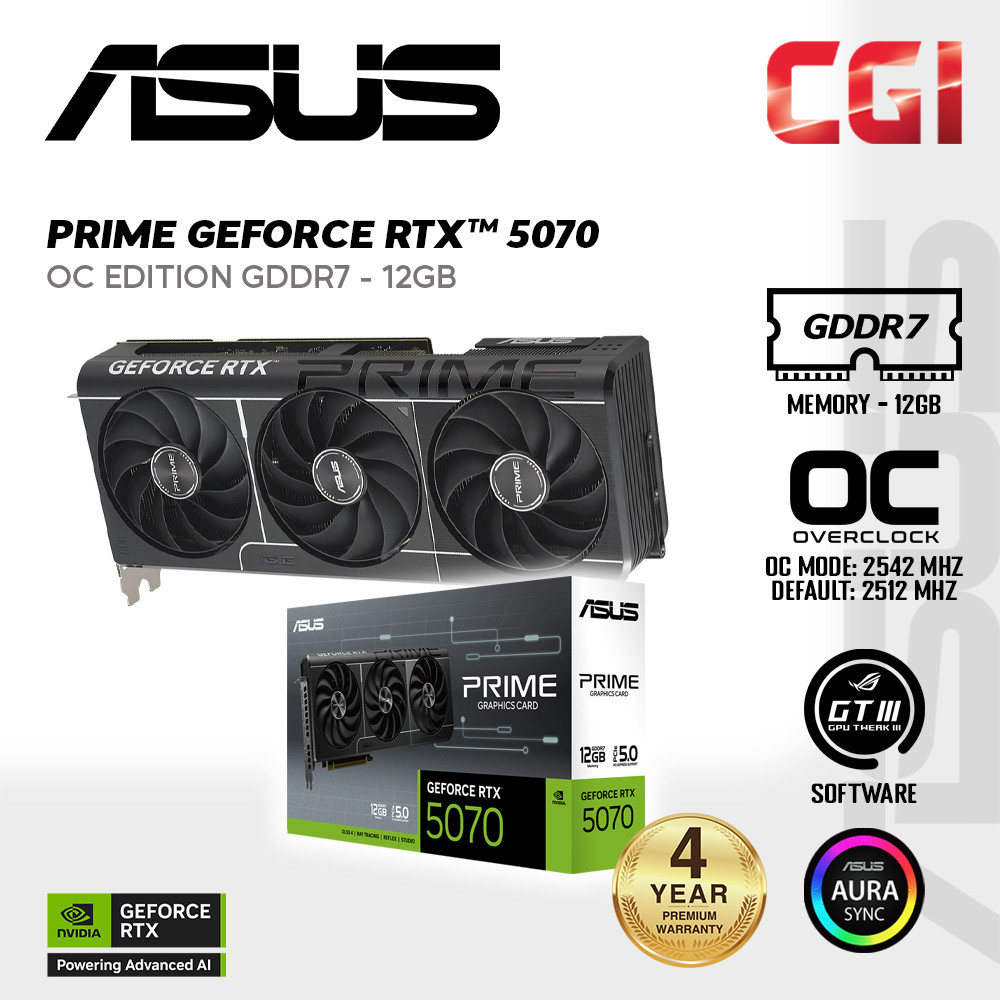 ASUS PRIME GeForce RTX? 5070 12GB GDDR7 (PCIe? 5.0, HDMI?/DP 2.1, 2.5-slot, protective PCB coating, axial-tech fans) - PRIME-RTX5070-12G