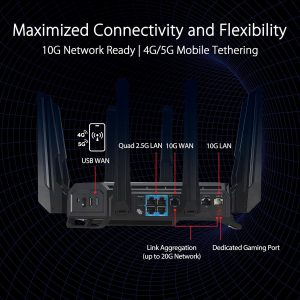 Asus GT-BE98 ROG Rapture Quad-band WiFi 7 320MHz 6GHz 4096-QAM Dual 10G Quad 2.5G Aura RGB AiProtection Pro Aimesh Gaming Router