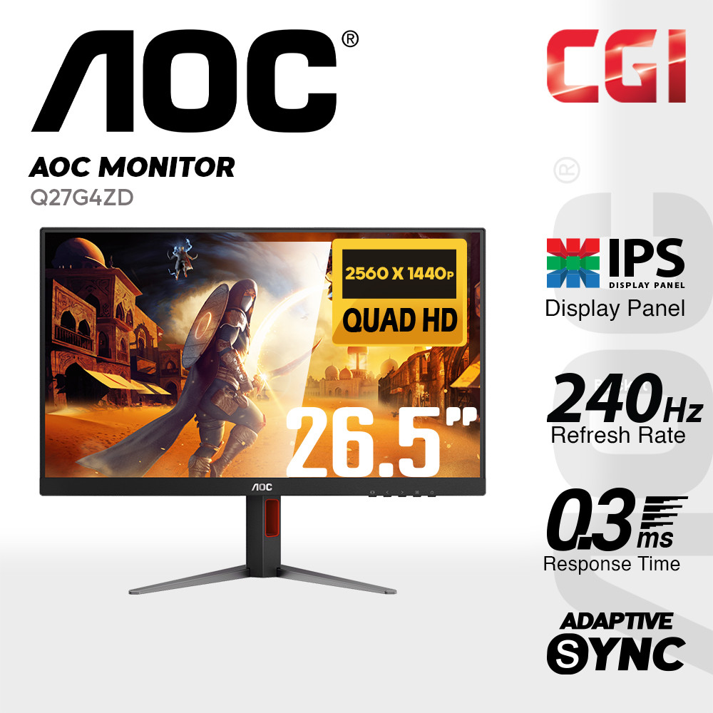 AOC 26.5" Q27G4ZD QD-OLED QHD Adaptive Sync DisplayHDR True Black 400 240Hz 0.03ms 3-Side Frameless Ergonomic Gaming Monitor