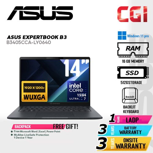 Asus 14" Expertbook B3 B3405 Laptop ULT7 155H 16GB 512GB WUXGA Win11Pro 3Y Onsite - B3405CCA-LY0640