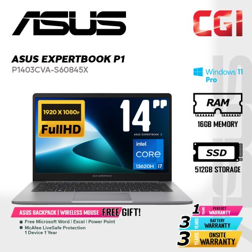 Asus 14" ExpertBook P1 P1403 Laptop Intel i7-13620H 16GB 512GB FHD Win11Pro 3Y Onsite - P1403CVA-S60845X