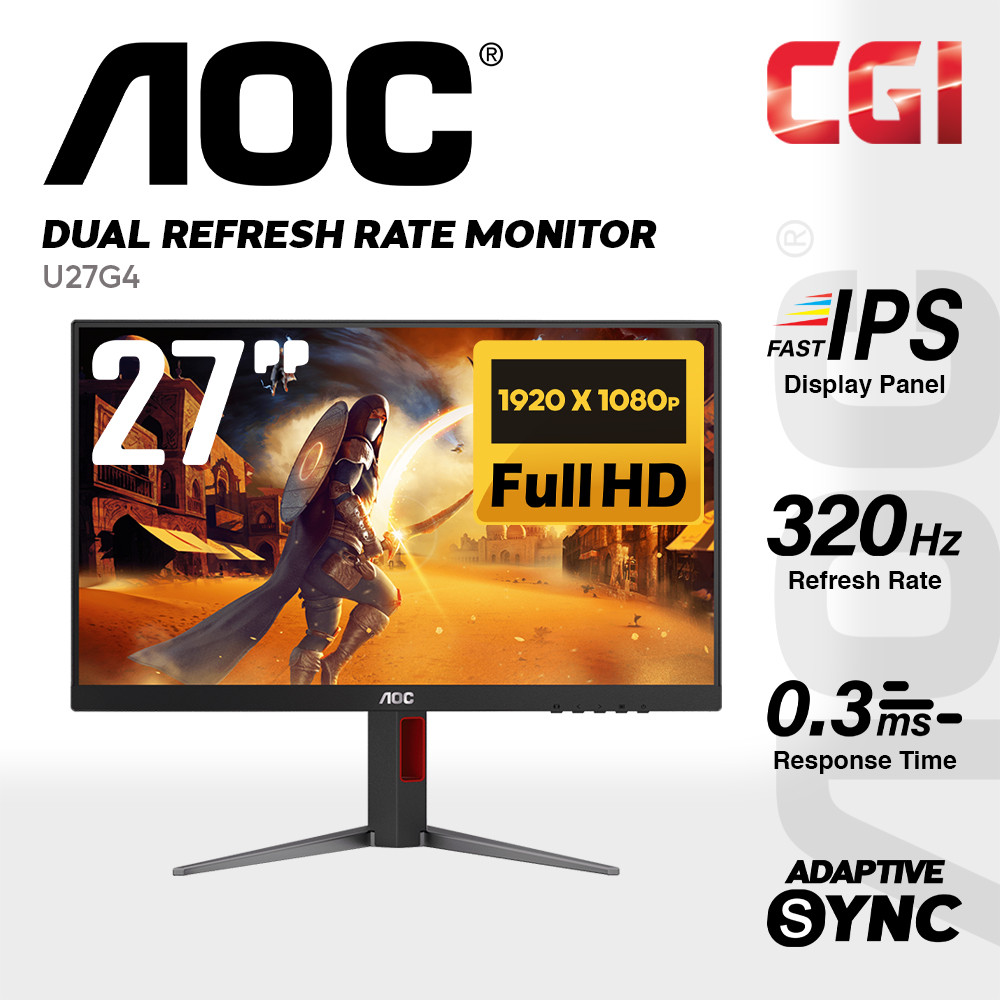 AOC 27" U27G4 Fast IPS 4K Adaptive Sync 320Hz 0.3ms DisplayHDRTM 400 Ergonomic Gaming Monitor