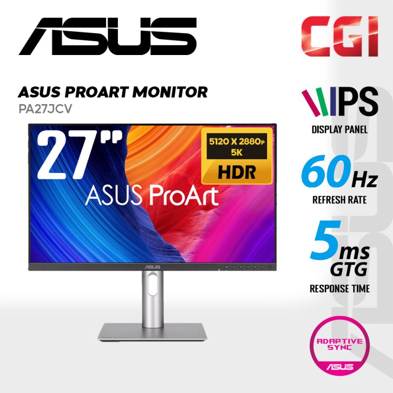 Asus 27" Proart PA27CJV IPS 5K HDR10 60Hz 5ms 99% DCI-P3 LuxPixel? AGLR Light Sync Color Accuracy ?E<2 USB-C Ergonomic Professional Monitor
