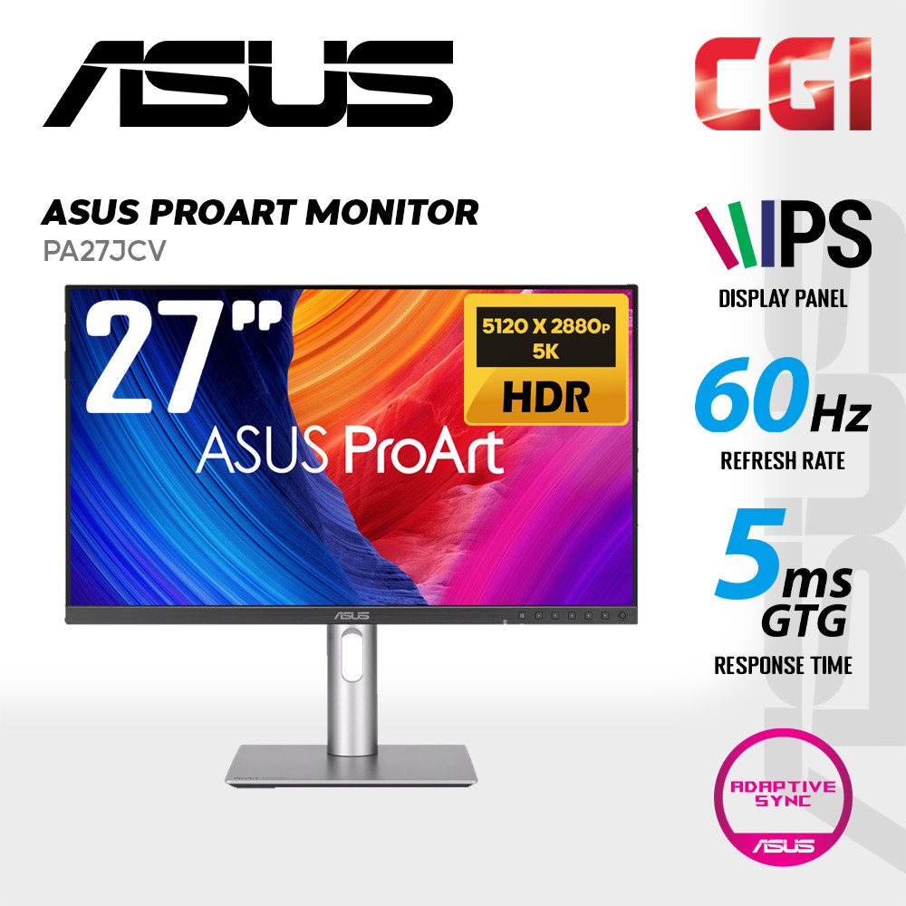 Asus 27" Proart PA27CJV IPS 5K HDR10 60Hz 5ms 99% DCI-P3 LuxPixel? AGLR Light Sync Color Accuracy ?E<2 USB-C Ergonomic Professional Monitor