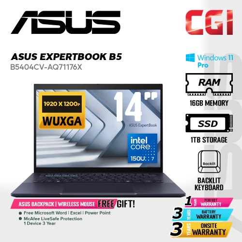 Asus 14" ExpertBook B5 Laptop Intel Core 7 150U 16GB DDR5 1TB WUXGA Win11Pro 3Y Onsite - B5404CV-AQ71176X