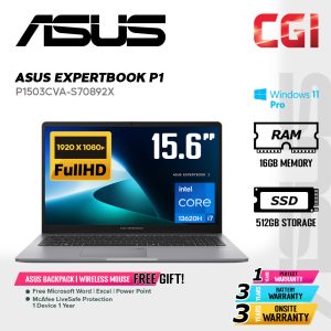 Asus 15.6" ExpertBook P1 P1503 Laptop Intel i7-13620H 16GB 512GB FHD Win11Pro 3Y Onsite - P1503CVA-S70892X
