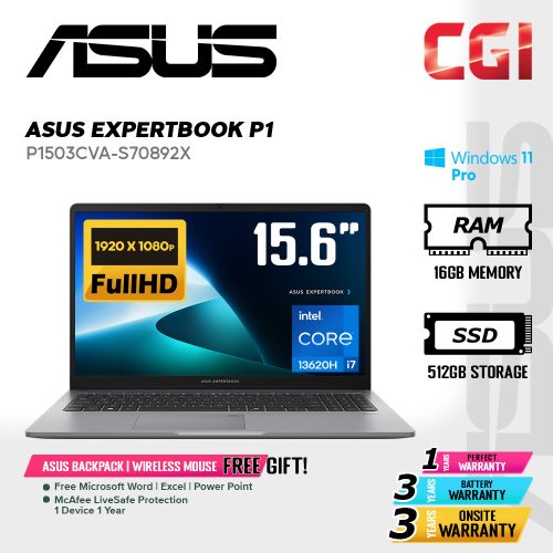 Asus 15.6" ExpertBook P1 P1503 Laptop Intel i7-13620H 16GB 512GB FHD Win11Pro 3Y Onsite - P1503CVA-S70892X