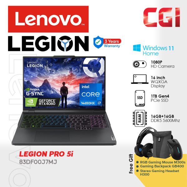 Lenovo Legion Pro 5 16IRX9 i7-14650HX RTX4060 8GB GDDR6 2x16GB 1TB 16" WQXGA G-Sync 2370MHz TGP 140W W11H MOHS21 3Y Ultimate Support - 83DF00J7MJ